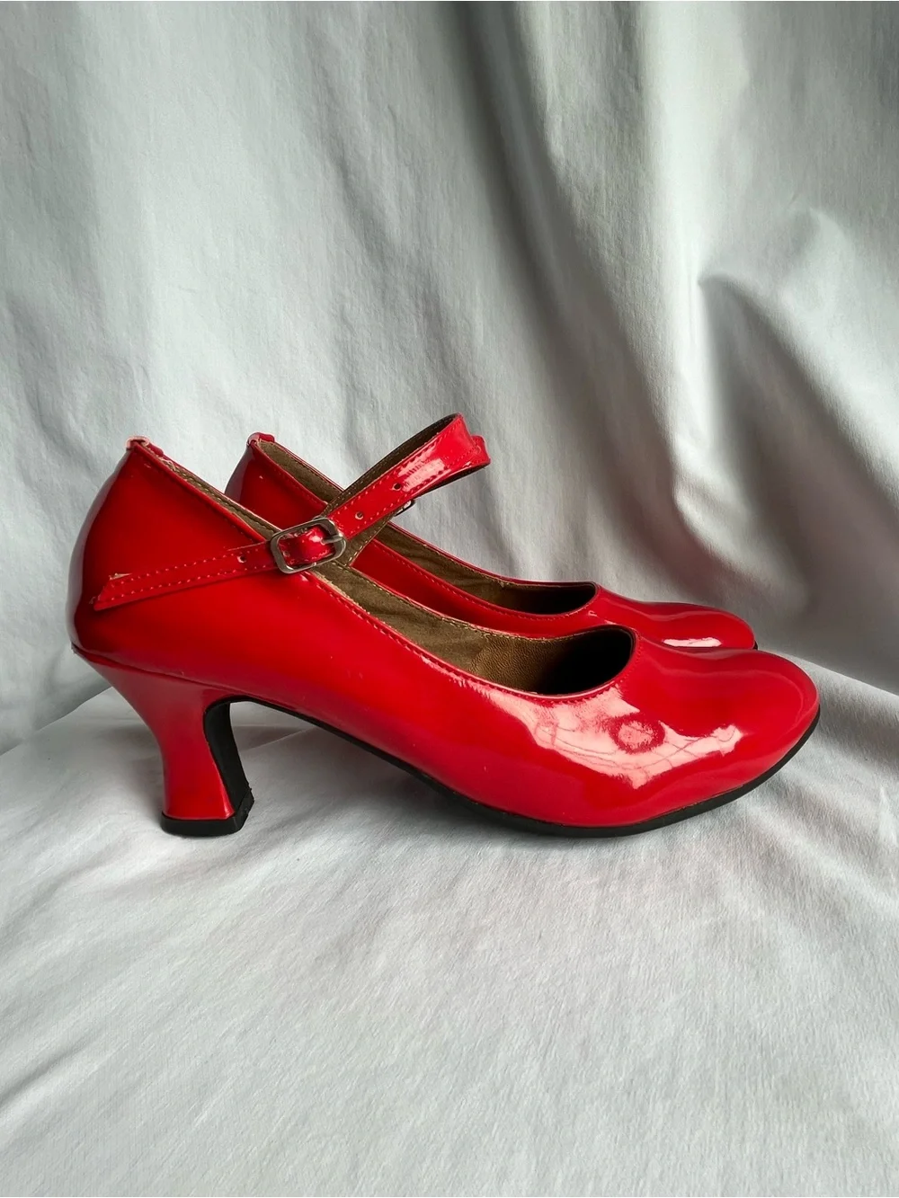 Red Patent Mary Jane Heels with Ankle Strap